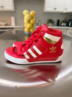 adidas  Red High-Top Sneakers with White Stripes and Gold Accent